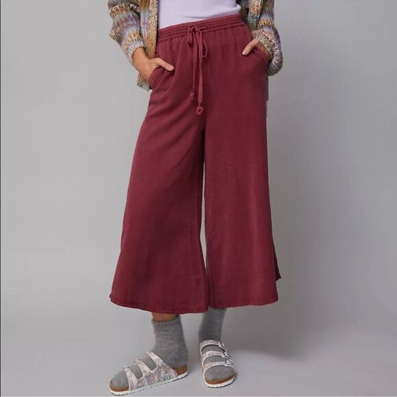 Saturday Sunday Anthropologie Eudora Burgundy Wide Leg Crop Pants Size S - Picture 1 of 11